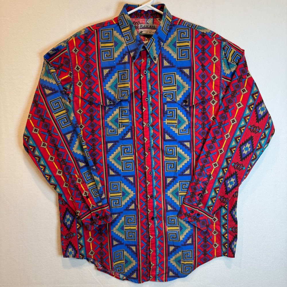 Plainsman Vintage Southwestern Western Shirt Mens‎ Tall 2XLT Red Blue Geometric